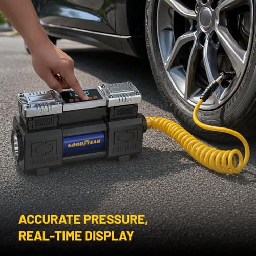 Goodyear MegaFlow50 12V Dual Cylinder Air Compressor | 150 PSI Tyre Inflator for Car, Bike & SUV | Heavy Duty Metal Body | Fast Inflation 60L/min | Digital Gauge | Portable Air Pump with Carry Case 5