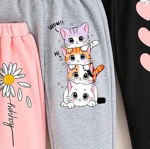 LILY & JADE Girls' Pure Cotton Printed Jogger Track Pants (Pack of 3) – Soft & Comfortable Kids Bottomwear (in, Age, 5 Years, 6 Years, Regular, Standard, Flower & Cat, Unicorn) 3