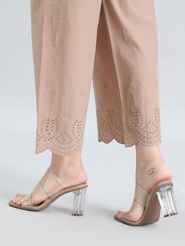 GO COLORS Women’s Cotton Hakoba Palazzo | Ankle Length, Schiffli Embroidery, Relaxed Fit, Mid-Rise with Side Pocket (Beige) 5