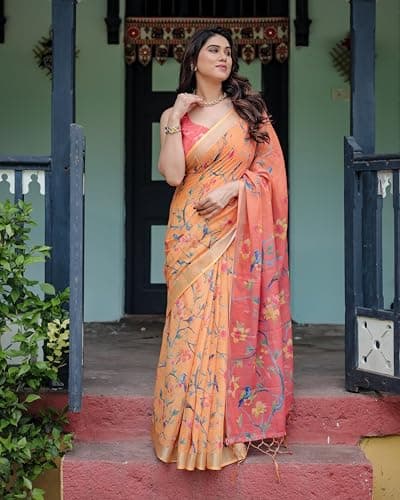 Kaugalian store Linen Cotton Floral Printed Peach Saree For Women With Unstitched Blouse Piece 3