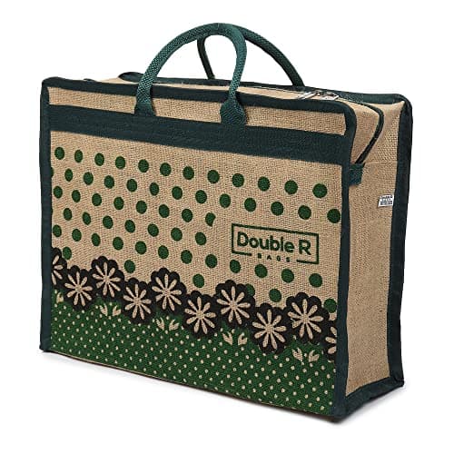 DOUBLE R BAGS Jute Eco-Friendly Tote Bag: Stylish, Spacious, and Sustainable - Perfect for Everyday Errands and Adventures! (Green Flower, Pack of 3)