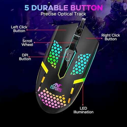 Ant Esports GM1103 Wired Gaming Mouse, 800-3600 DPI Adjustable Optical Sensor, RGB Multicolor Backlight, 4 Buttons, Ergonomic,1.5m Cable, 3300 FPS, Lightweight USB Mouse for PC, Laptop, Mac & Windows 2
