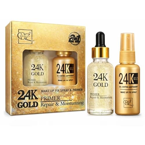 Beauzy 24K Gold Primer & 24K Gold Makeup Fixer Combo | Infused Primer for Flawless Base + Oil Control Makeup Fixing Spray | Long-Lasting Glow, Hydrating & Radiant Finish