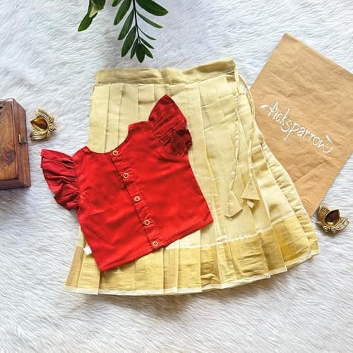 Picksparrow Baby Girls Traditional Kasavu PattuPavadai/Lehenga Set (Peacock-Tissue) (Red, 1-2 Years) 3