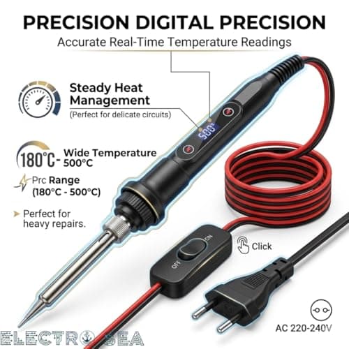 ElectroSea 13-in-1 Soldering Iron Tool Kit 80W Fast Heat up LCD Soldering Gun Welding Tools with ON/OFF Switch, 180-500°C Adjustable Temp Range, Includes Tips, Desoldering Pump, Stand, Tweezers 3