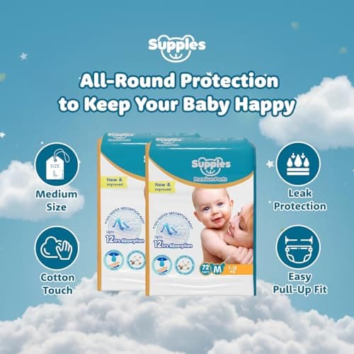 Amazon Brand - Supples Premium Baby Diaper Pants | 144 Baby Diapers | Medium | 7-12 Kg | 12 Hrs Absorption | Cushiony Cotton Soft Fabric | Phthalates-Free | Triple Leak Guard | 72 Count, Pack of 2 2