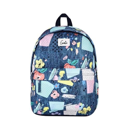 Genie Patchy Casual Backpack, Blue | Spacious Daypack for College, Travel & Everyday Use | Women & Girls