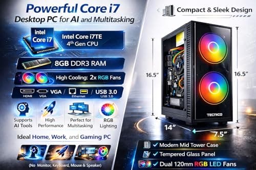 TECNICO AI Desktop PC | Core i7-4770TE 2.3GHz | 8GB DDR3 RAM | 256GB SSD | 5G WiFi + Bluetooth | Windows 11 Pro | High Cooling Dual RGB Fan Cabinet(No Monitor, Keyboard, Mouse & Speaker) 4