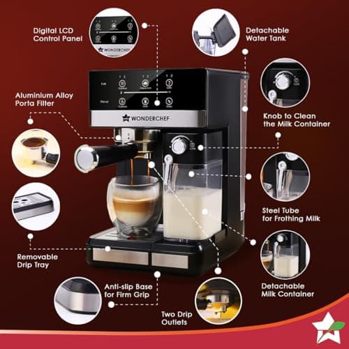 Wonderchef Regalia Automatic Coffee Maker, 20-bar with Auto-Frother, Make Espressos, Cappuccinos & Lattes at Home, With Milk Container & Steamer, Metal Porta Filter, Auto-clean, 2-Yr Warranty 5