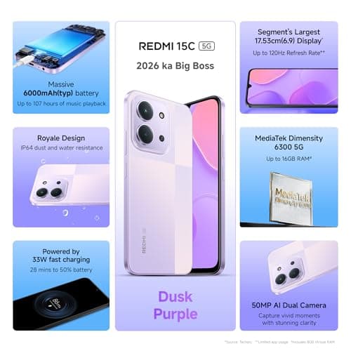 REDMI 15C 5G Dusk Purple 6GB + 128GB | Royale Design | Massive 6000mAh Battery | Segment's Largest 17.53cm Display Up to 120Hz | MediaTek Dimensity 6300 | 33W Fast Charging | 50MP AI Dual Camera 3