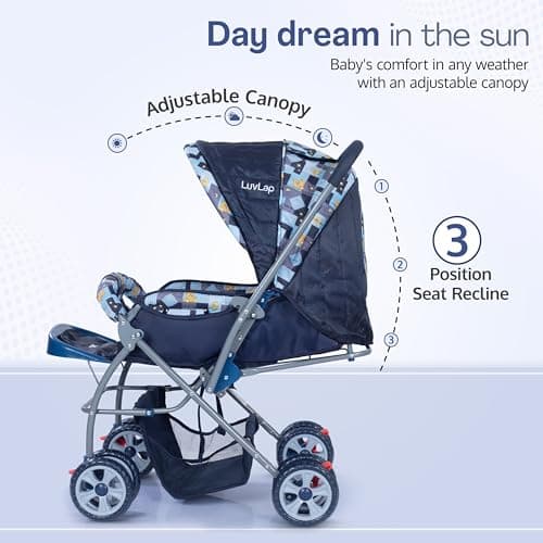 LuvLap Starshine Baby Stroller/Pram for 0 to 3 Years, New Born/Toddler/Kid, Lightweight,Adjustable backrest, 360° Swivel Wheel, Large Storage Basket, Reversible Handlebar (Blue) 3