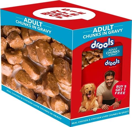 Drools Adult Wet Dog Food 0.9kg (150g x 6) Pack of 6 | Real Chicken and Chicken Liver Chunks in Gravy | Healthy Skin and Coat | Maintains Joint Health | Better Digestibility and Health