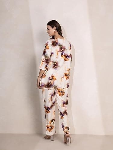 TITTLI Rayon Fabric All Over Printed Mandarin Collar Tunic & Trouser Co-Ord Set for Women | Three-Quarter Sleeves & Elastic Waist Bottom | Casual Wear | L, XL, XXL, 3XL | Co-Ord Set 3