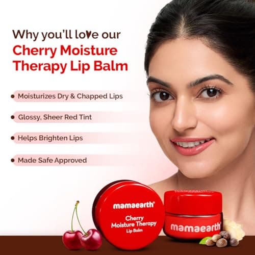 Mamaearth Cherry Moisture Therapy Lip Balm for Dry & Chapped Lips- 15 g | Heals, Brightens|Sheer Red Tint| Coconut Oil, Shea Butter, Cherry, Vitamin E, Ceramides, Kojic Acid | 100% Free of Petroleum J 4