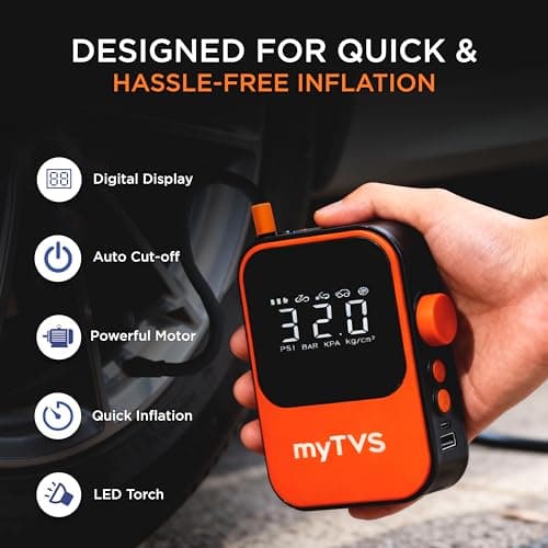myTVS Air Go Cordless Tyre Inflator 150 PSI Digital Air Compressor, Auto Stop, Rechargeable 4000mAh Battery with Type C Port, LED Light & Power Bank, Portable Wireless Air Pump for Car & Bike | WT-1 4