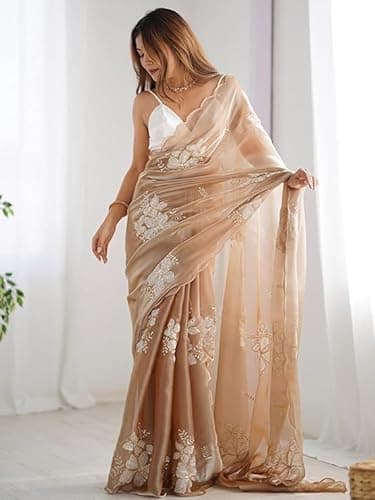 Flosive Women's Shimmer Organza Sequence Embroidery Saree With Unstitched Blouse Piece (CREAM) 4