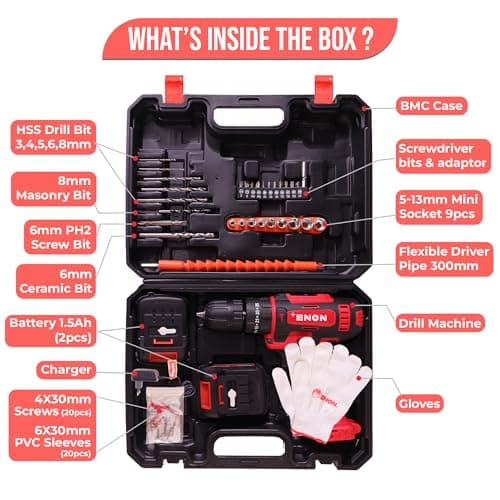 Enon 12.6V Cordless Impact Drill for Home Use, 82 Pcs Drill Kit, 2x1.5Ah Batteries,1500RPM, 22NM Torque, 25 Level Torque, Keyless Chuck 10mm, 2 Speed Modes 3 Functions, Magnetic Base (XE-CD1610) 4
