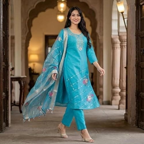 Delhi Fashion Sarees | Elegant Blue Embroidered Kurta Set for Women | Straight Kurti with Floral Dupatta | Ethnic Wear for Festive, Casual & Party 5