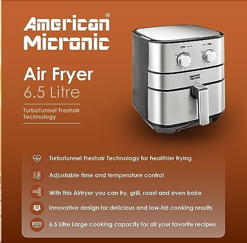 AMERICAN MICRONIC® 6.5 L Air Fryer for Home | 1700W Rapid Air Technology | Removable Basket | 60-Min Timer | Fry, Grill, Roast & Bake | Free Recipe Book | AMI-AFM-65LDx (Black & Steel) 4