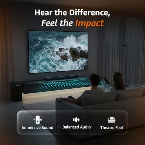 amazon basics 90W Soundbar with Wired Subwoofer | 2.1 Channel Home Theatre|Bluetooth 5.3, HDMI ARC, USB, AUX | Deep Bass Subwoofer | Remote Control | Soundbar for Smart TVs, Gaming & Music (Black) 3