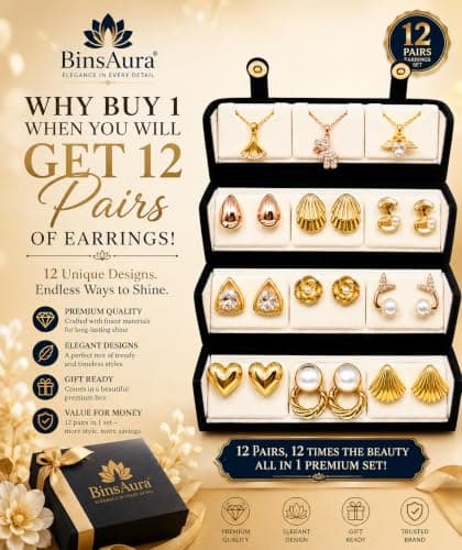 BinsAura 12 Piece Jewellery Gift Set for Women with Premium Jewellery Box | 9 Korean Stud, Hoop & Drop Earrings + 3 Pendant Necklace Set | Fashion Jewellery Combo for Girls | Birthday, Anniversary, We 3