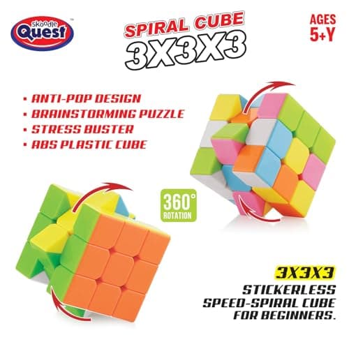 Skoodle Quest Spiral Stickerless Cube 3X3X3 | High Performance, Fast & Smooth Speedcube Turning Puzzle | Stress Buster & Brain Teaser for Kids & Adults | Anti-Pop & Durable | Multi 4
