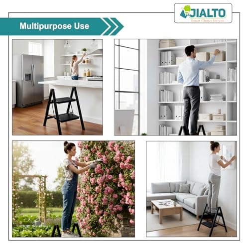 JIALTO 2 Step Metal Ladder for Home, Foldable Lightweight Stepping Stool with Wide Pedals, Anti Slip Heavy Duty 150 Kg Capacity, Portable for Kitchen, Office & Library (Black) 5