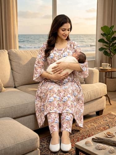 RITIJYA Polyester Feeding Kurta Pant Set for Women | Floral Anarkali Pregnancy Dress with Concealed Nursing Zipper Side Pocket | Pre & Post Partum | Maternity Baby Shower Outfit(9325_42, Pink Peach) 4