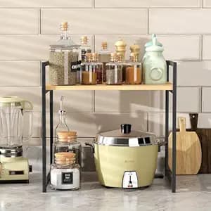Lukzer 1 Layer Multipurpose Storage Rack - Heavy Duty Metal & Wood Kitchen Organizer | Space Saving Microwave Oven Stand for Modular Kitchen, Living Room, Bedroom & Office (MKR-001/Black & Oak Light)