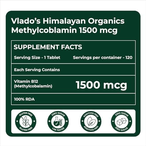 Vlado's Himalayan Organics Vitamin B12 Tablets 1500 mcg -Active form of Methylcobalamin Vitamin B12 Supplements for Men & Women- 120 Veg Tablets (4 Months Supply Pack) 2