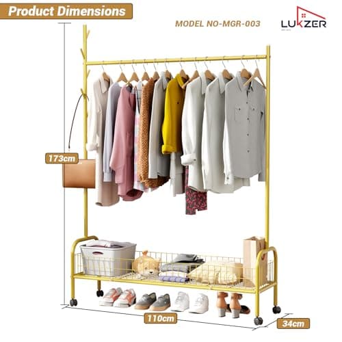 Lukzer | MGR-003 | Gold | Metal Clothes Hanging Stand with Wheels, Bottom Shelf & Single Rod – Stylish Garment Rack & Cloth Organizer for Entryway, Dressing Room & More | 173 x 110 x 35 cm 2