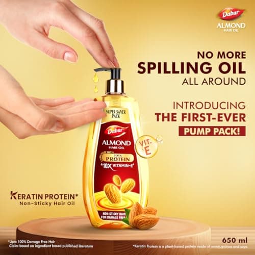 Dabur Almond Hair Oil - 650 ml|Provides Damage Protection|Non Sticky Formula|For Hair Fall control & Shiny Hair|Light Hair Oil with Almonds, Keratin Protein, Soya Protein & 10X Vitamin E (Pack of 1) 3