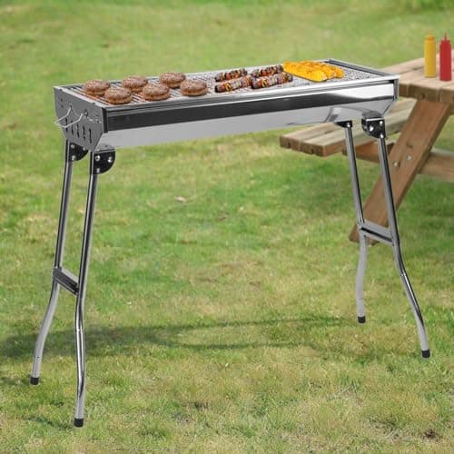 Olpad Outdoor Folding Grill (47Cm) Thickened Stainless Steel BBQ Large Charcoal Barbecue Grill Square Picnic Grill