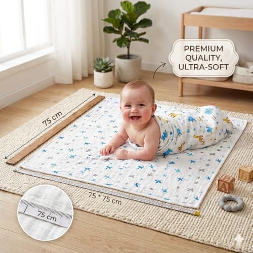 HANUSH Muslin Baby Bath Towel (Pack of 3)|100% Organic Muslin Cotton| Newborn Swaddle Wrap (75 * 75 cm)| Highly Absorbent Ultra Soft Breathable Lightweight Towels for Infants, Toddlers, Boys & Girls 3