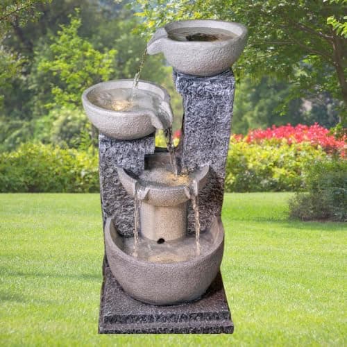 Shawshank Resin, Fiberglass 3ft Long 3 Bowl Grey Water Fountain for Indoor Outdoor Garden Home Decor, Stacked 4 Pot Water Fountain 3