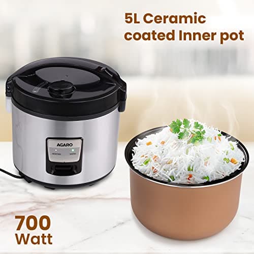 AGARO Regency Electric Rice Cooker, 5L Ceramic Coated Inner Bowl, Cooks up to 1.5Kgs (approx.10 cups) raw rice, 700 W, Easy Grip handle, Automatic Cooking, Keep Warm Function, Multipurpose Cooking 3
