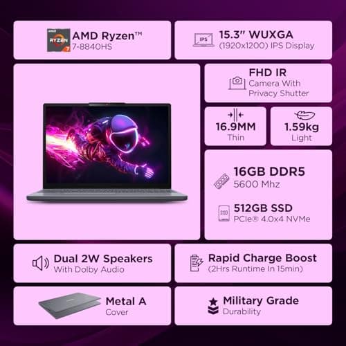 Lenovo IdeaPad Slim 3 AMD Ryzen 7 8840HS 15.3 inch (38.8cm) WUXGA IPS Laptop (16GB RAM/512GB SSD/Windows 11/Office Home 2024/Backlit Keyboard/1Yr ADP Free/Grey/1.6Kg), 83KA004SIN 2