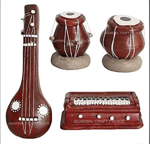 Agarwal Craft Palace Terracotta Clay Miniature Musical Instrument Set, Handmade Showpiece, Miniature Tabla, Sitar, Dholak, Harmonium, Home Decorative Set (Medium) 2