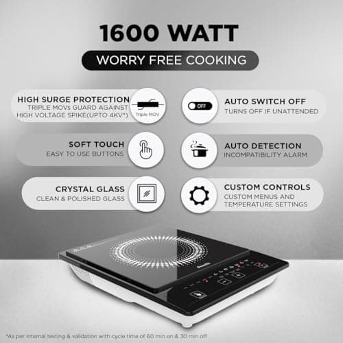 Preethi Indicook IC123 | 1600-Watt Induction Cooktop | Fast Gas-Free Cooking | No LPG Required | 3 Year Coil Warranty | Voltage surge protetion Preset Indian Menus | Black 2