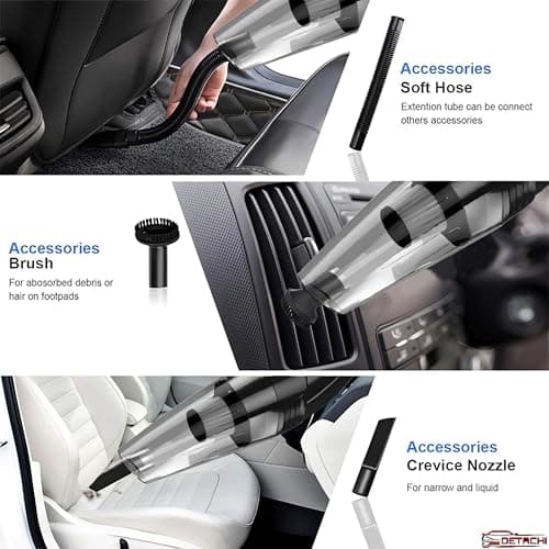 DETACHI Car Vacuum Cleaner - Portable 2 in 1 Wet & Dry Cleaner for Car with High 6000PA Powerful Suction 12V DC for Deep Cleaning, HEPA Filter, Filter for Allergens, Cigarette Lighter Cord -Black 2