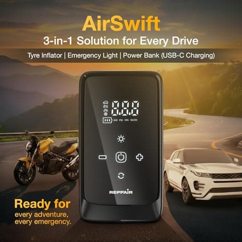 Reffair AIRSWIFT70 Car Tyre Inflator 150 PSI | Portable & Wireless I Power Bank & Emergency Light | Rechargeable Battery + DC12V Dual Use | Type C Port I Digital Display I Multiple Nozzles 2