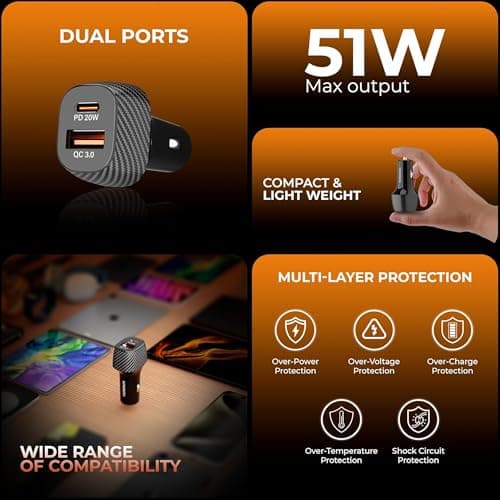 Kratos 51W Fast Car Charger with Dual Output, 51 Watts Total (28W USB + 25W Type C PD), Fast Charging, Adapter for iPhone & Android Smartphones and Tablets (Black) 4
