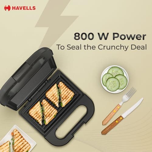 Havells Meltz Grill Sandwich Maker | 800 W | Power Indicator Light | Non-Stick Coating Plates | Heat Resistant Body | Quick Heating (Black) 3