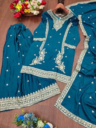 CLOSTYLE Women's Teal Blue Embroidered Sharara Suit Set with Dupatta, Traditional Indian Ethnic Wear, Party Wedding Dress (IN, Alpha, 2XL, Regular) 2