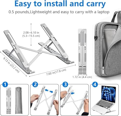 Tukzer Foldable Laptop Stand Riser for Laptop, MacBook, Notebook & Tablets up to 17 Inch, 7 Level Height Angle Adjustment, 2X Stronger M-Shape Aluminum Silicone Pads Air Ventilation (Silver) 2