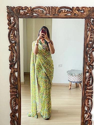 Sidhidata Women's Georgette Printed Ready To Wear one Minute Saree With Unstitched Blouse Piece (1000 Butty Yellow_Yellow_Free Size) 2