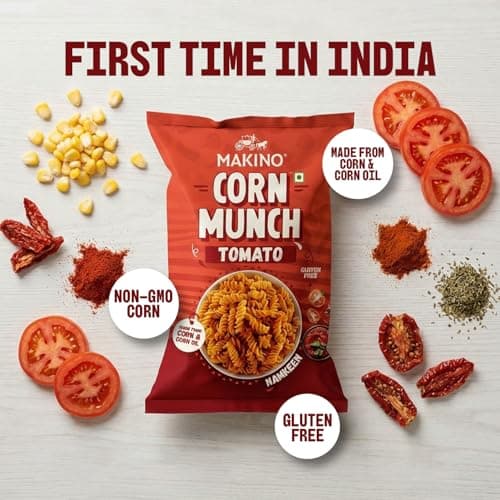 Makino Corn Munch Tomato Flavour Snacks, Ready to Eat, 150g (Pack of 3) - First Time in India | Tangy & Refreshing Flavour, Everyone's Favourite Snack For All Occasions | No MSG, Non-GMO Corn, Zero Tr 3