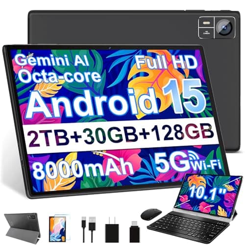 SUAAT Android 15 Tablet 30GB RAM 128GB ROM 1TB Expansion, 10.1 Inch Tablets with Keyboard Mouse, Octa-Core, 8000mAh, IPS HD Display, 5G WiFi BT 5.0 GPS, Widevine L1, Gemini AI, Camera