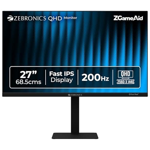 Zebronics 27" QHD Bezel-Less Gaming Monitor, 200Hz Refresh Rate, 1ms MPRT, Fast IPS, 300 Nits, 120% sRGB, 1.07B Colors, Height, Pivot, Tilt, Swivel Adjustment, 2 x HDMI & 2 x DP, Reading Lamp (S27A)