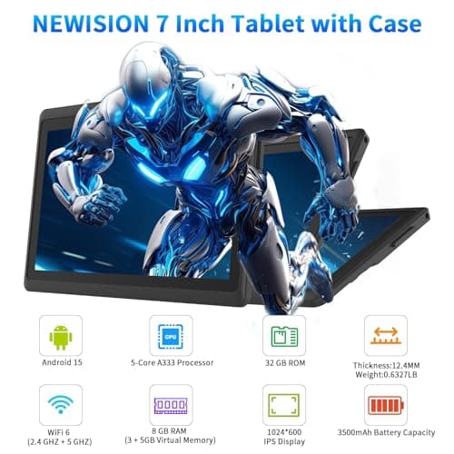 NEWISION 7 Inch Tablet with Case, Five Cores Android 15 Tablets, 8GB RAM, 32GB ROM, 512GB Expansion, IPS Display HD 1024x600, 3500mAh, Dual Camera, USB C Tablet PC (Blue) 2